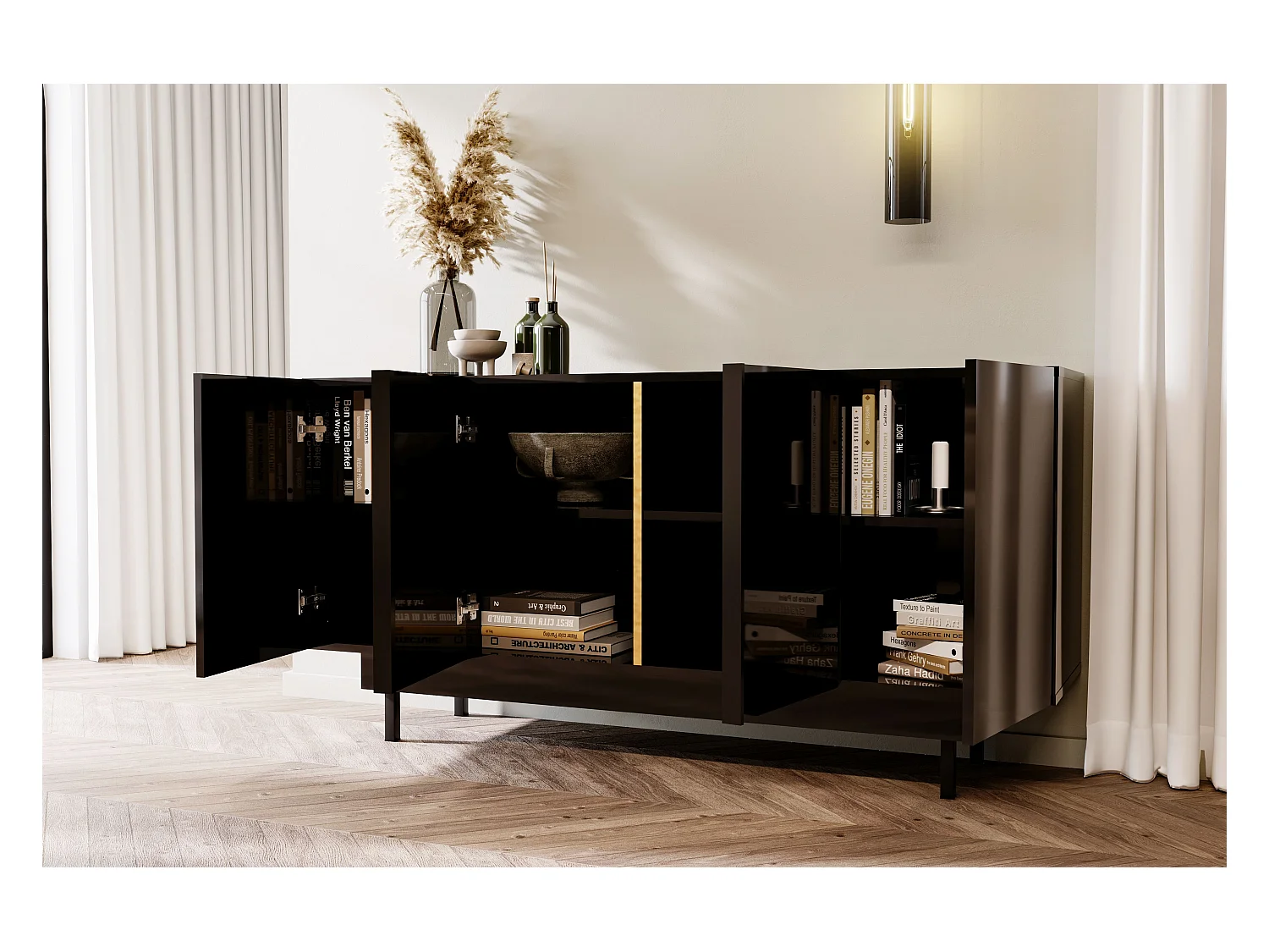 Błyszczący czarny bufet Dancan ARTEMISA z dodatkami w kolorze złota - Nowoczesny i elegancki design z systemem Push to Open