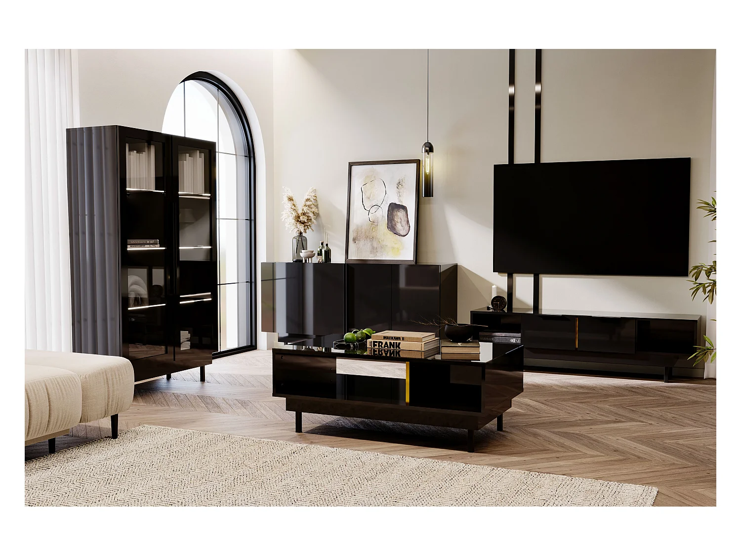 Błyszczący czarny bufet Dancan ARTEMISA z dodatkami w kolorze złota - Nowoczesny i elegancki design z systemem Push to Open