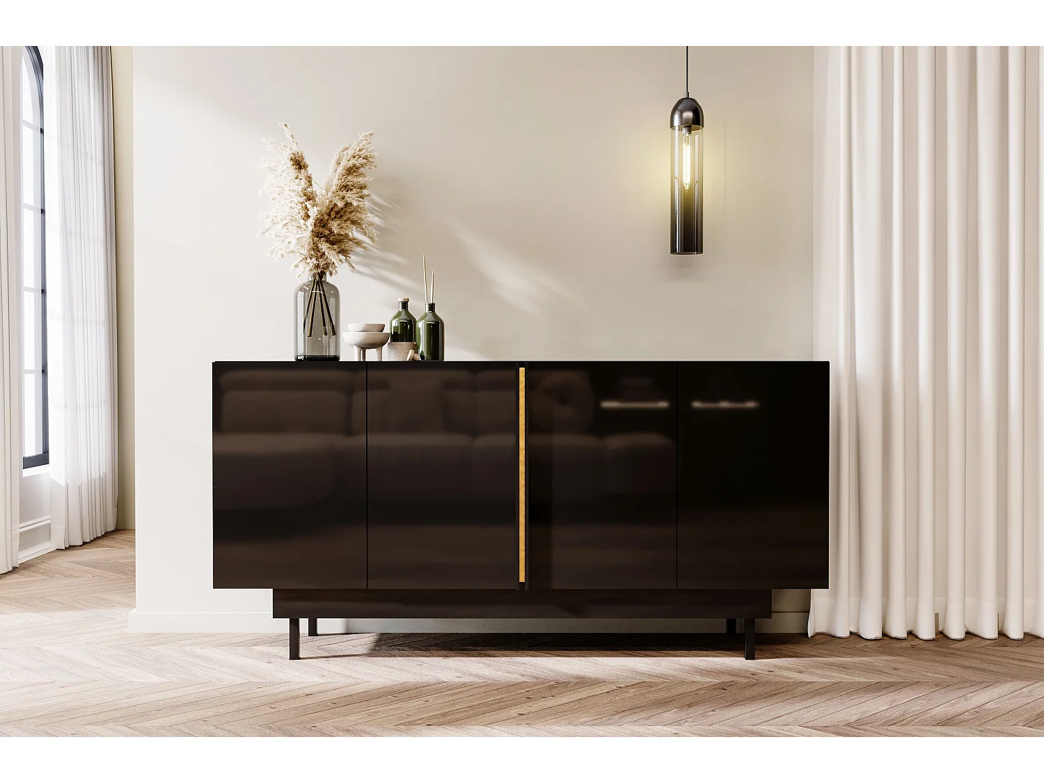 Buffet élégante noire brillante Dancan ARTEMISA avec des accessoires dorés