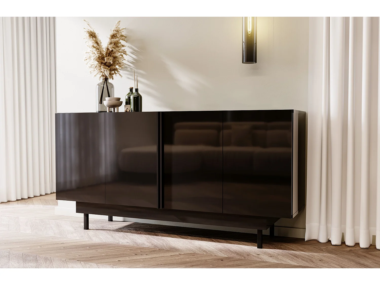 Buffet élégante noire brillante Dancan ARTEMISA avec des accessoires dorés