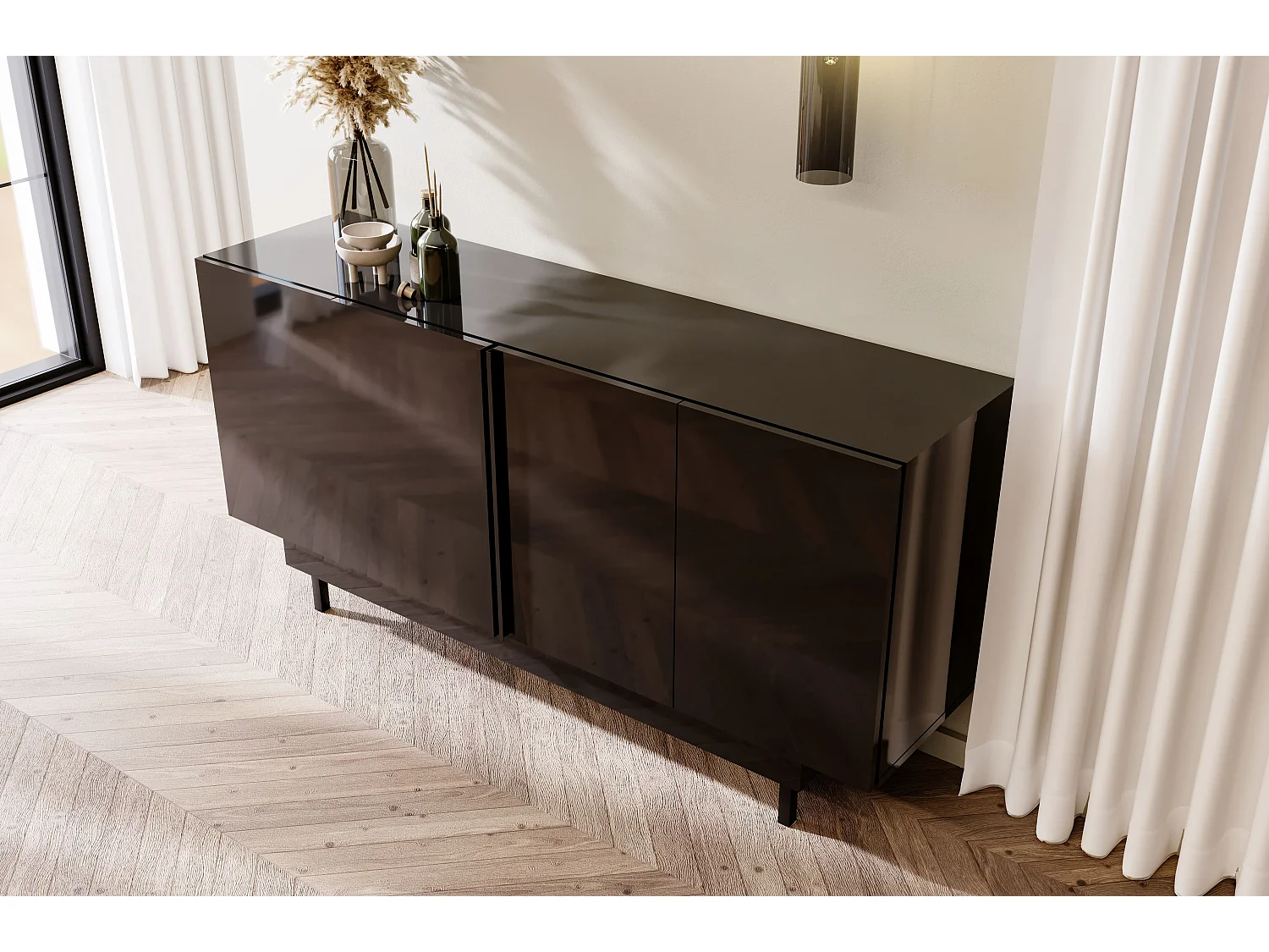 Buffet élégante noire brillante Dancan ARTEMISA avec des accessoires dorés