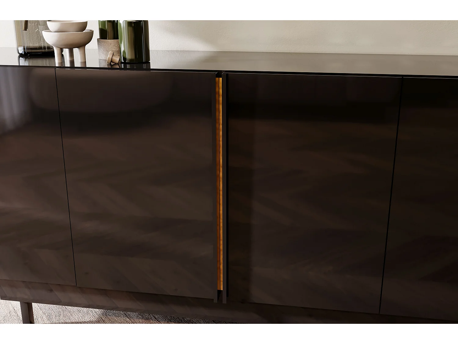 Buffet élégante noire brillante Dancan ARTEMISA avec des accessoires dorés