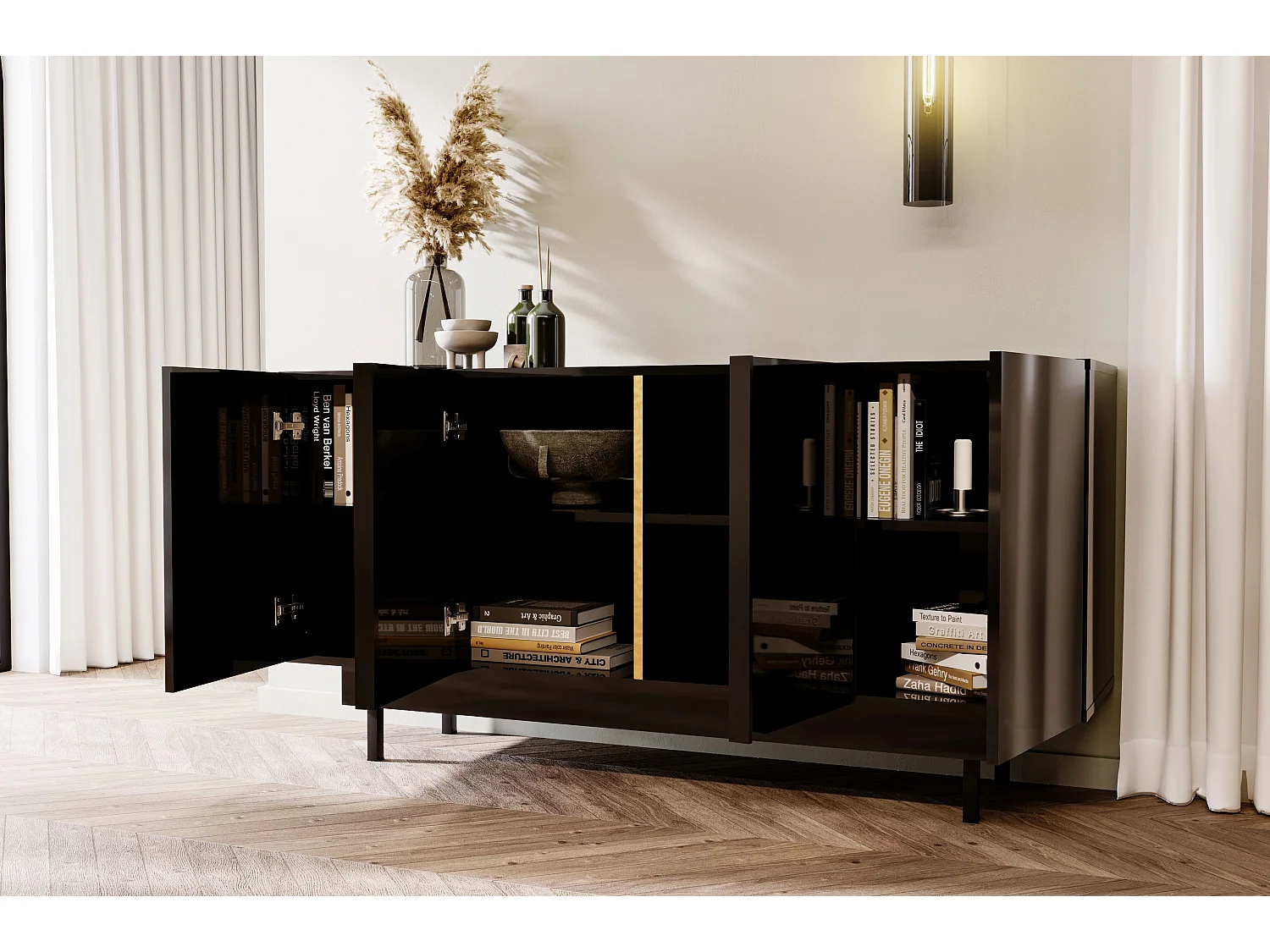Buffet élégante noire brillante Dancan ARTEMISA avec des accessoires dorés