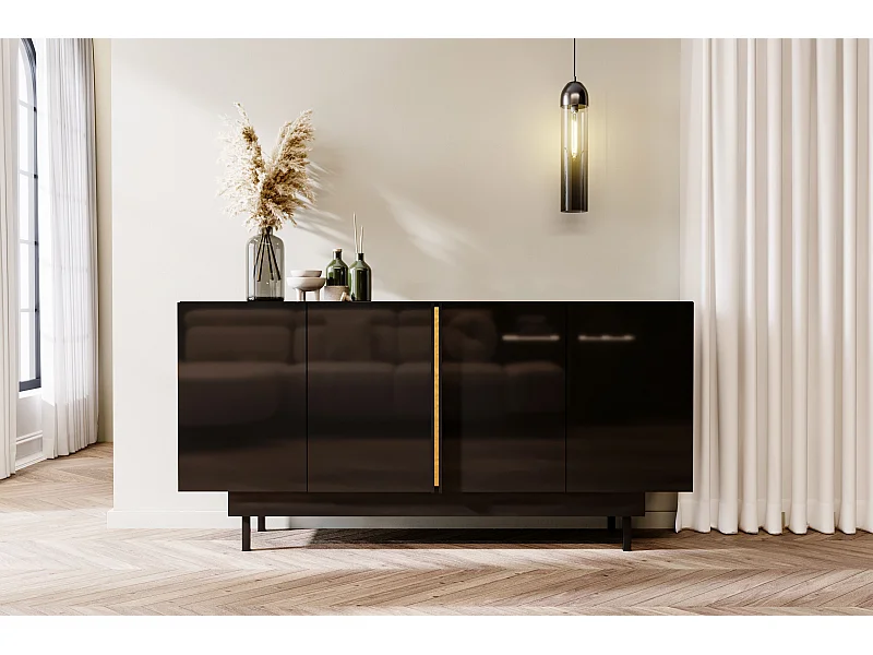 Buffet élégante noire brillante Dancan ARTEMISA avec des accessoires dorés