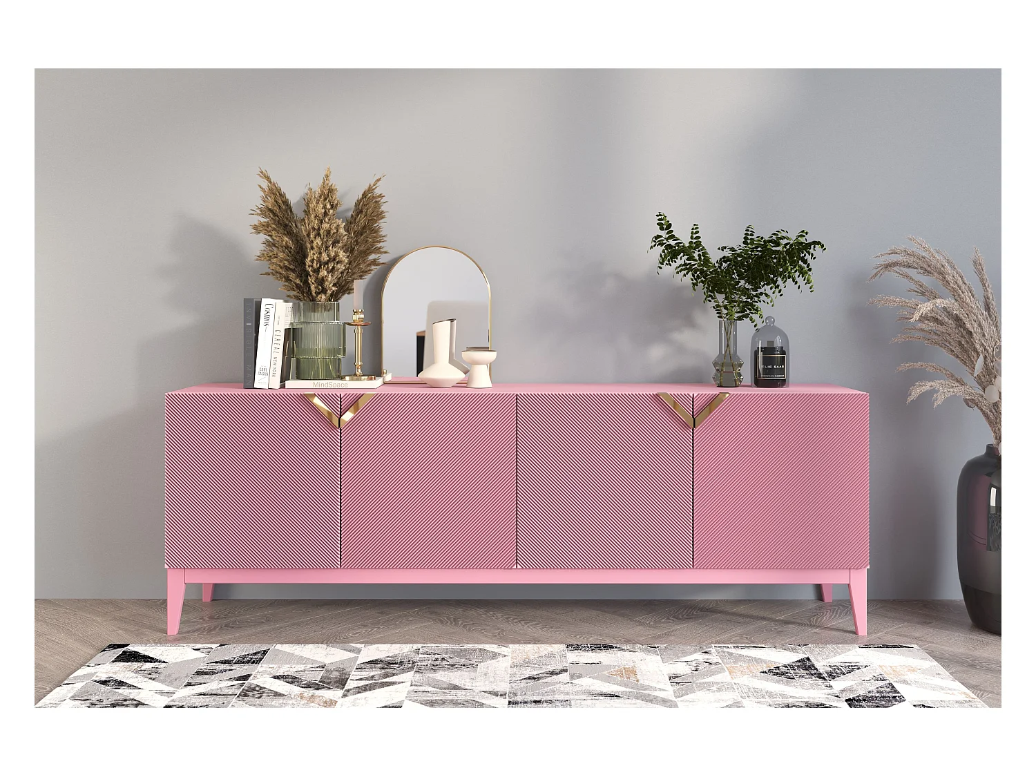 Sideboard Demi long, pink-gold, mit gefrästen fronten, massive buche