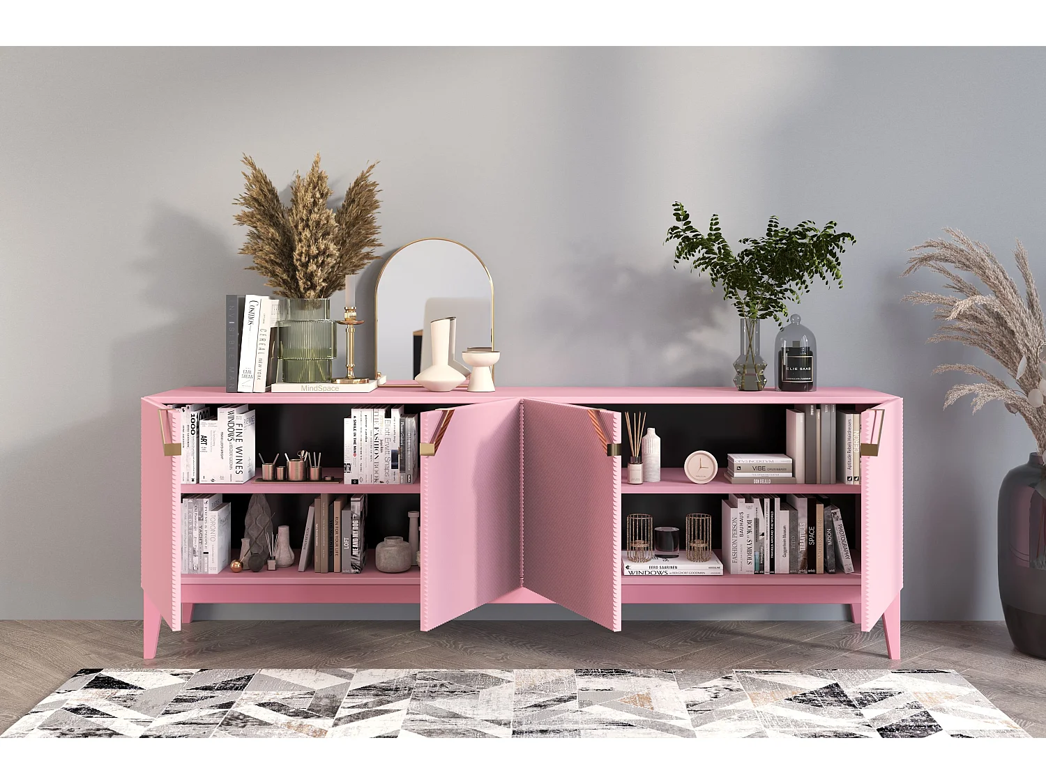 Sideboard Demi long, pink-gold, mit gefrästen fronten, massive buche