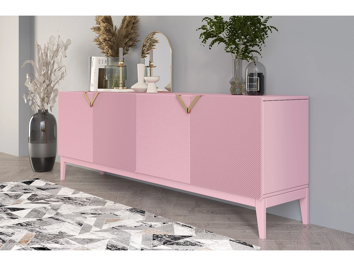 Sideboard Demi long, pink-gold, mit gefrästen fronten, massive buche