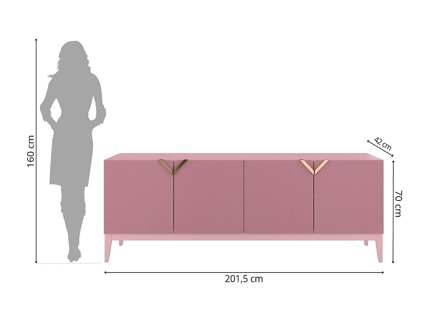 Sideboard Demi long, pink-gold, mit gefrästen fronten, massive buche