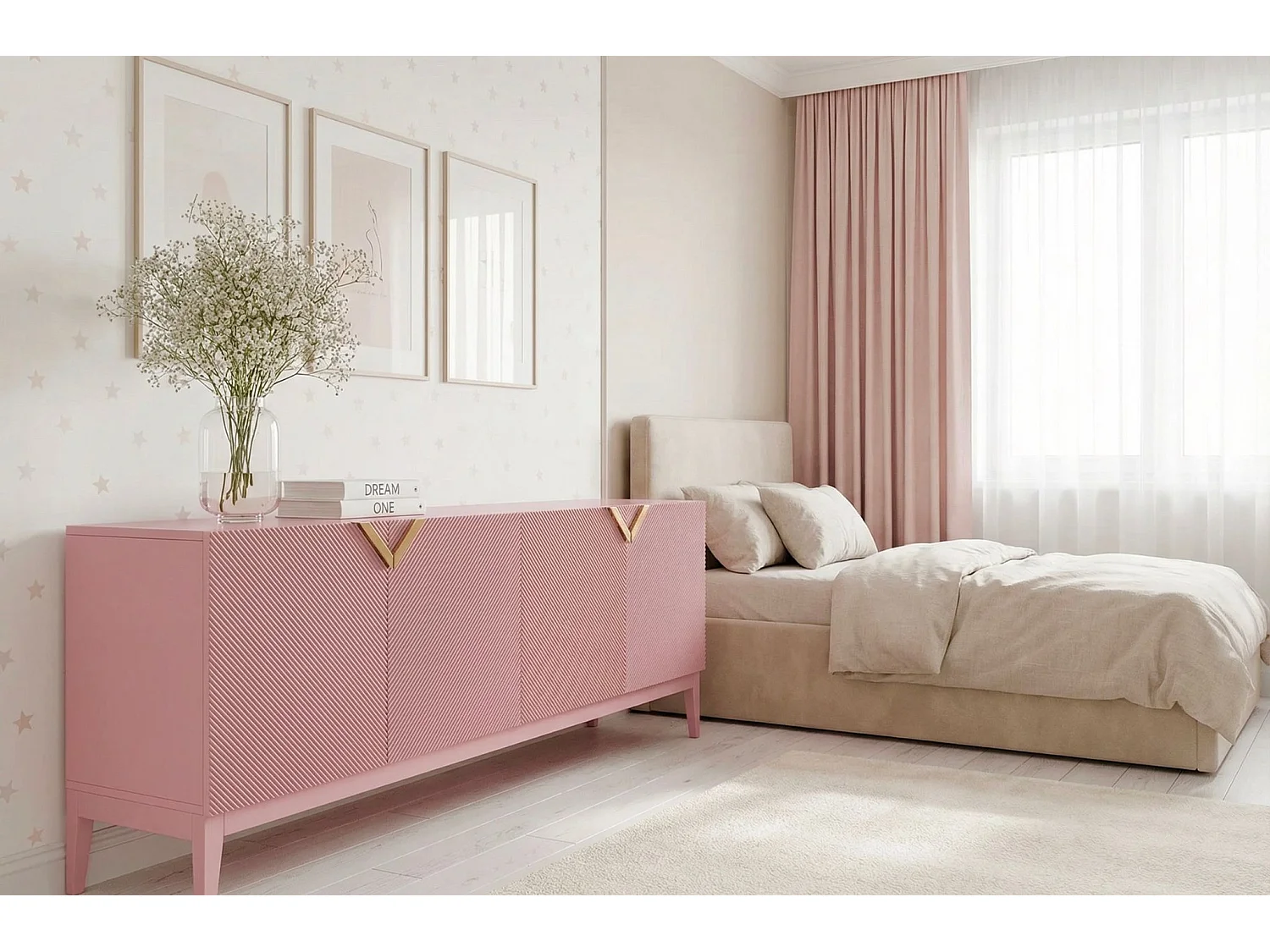 Sideboard Demi long, pink-gold, mit gefrästen fronten, massive buche