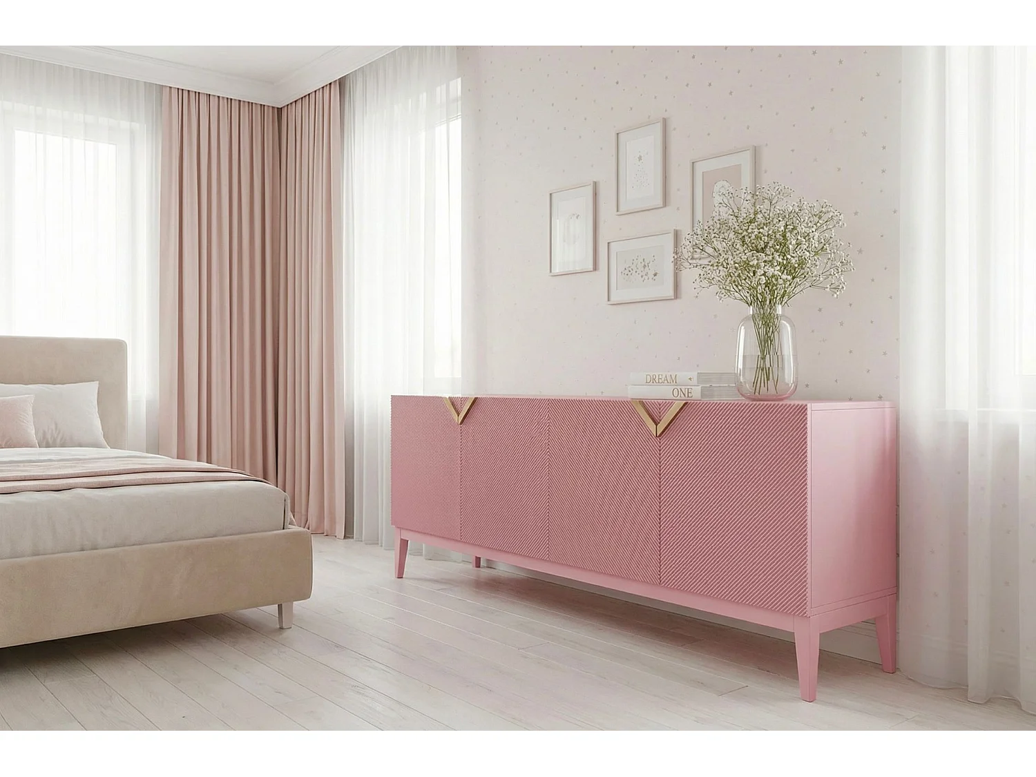 Sideboard Demi long, pink-gold, mit gefrästen fronten, massive buche