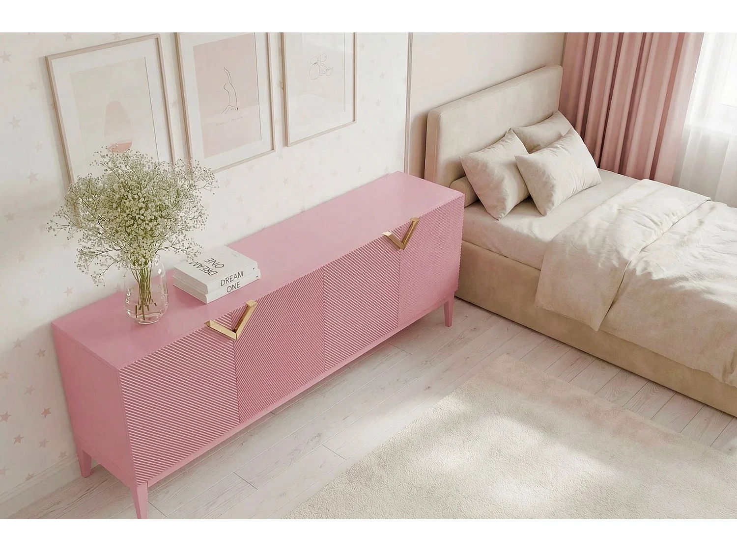 Sideboard Demi long, pink-gold, mit gefrästen fronten, massive buche