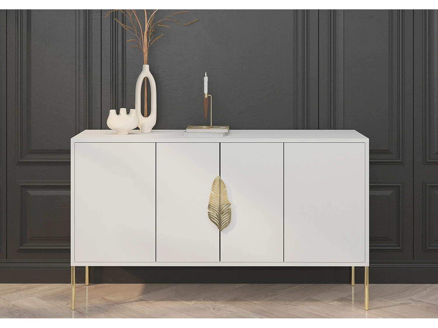 Buffet blanche MERLIN avec accessoires dorés / 138 cm