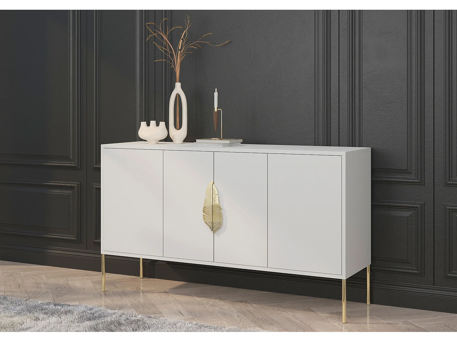 Buffet blanche MERLIN avec accessoires dorés / 138 cm