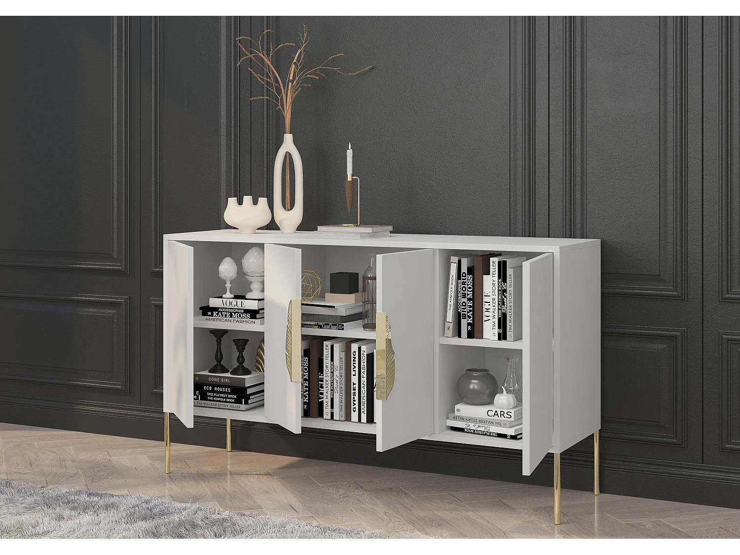 Buffet blanche MERLIN avec accessoires dorés / 138 cm