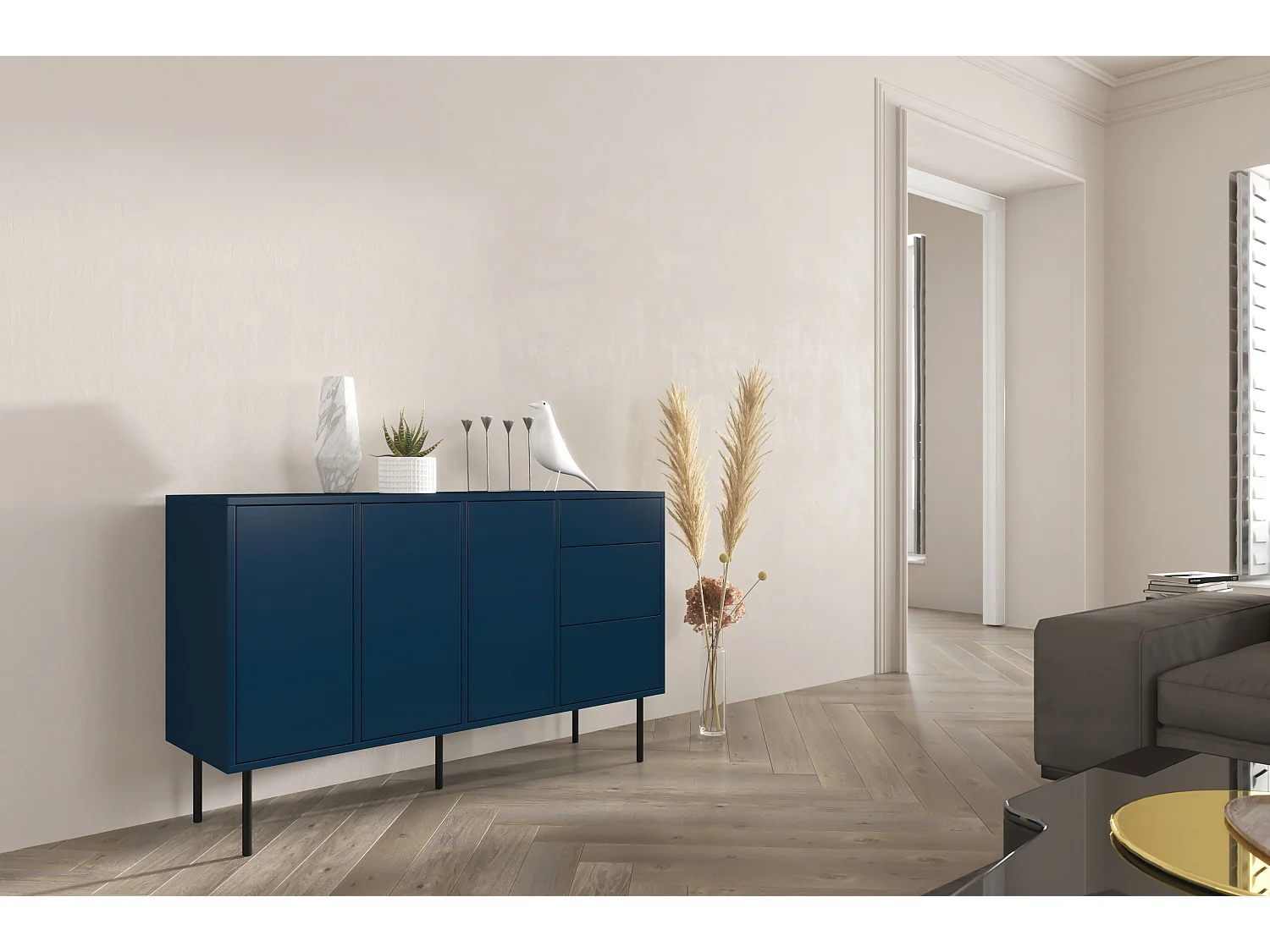 Sideboard Mirka, marinblau, push to open system, minimalistisch