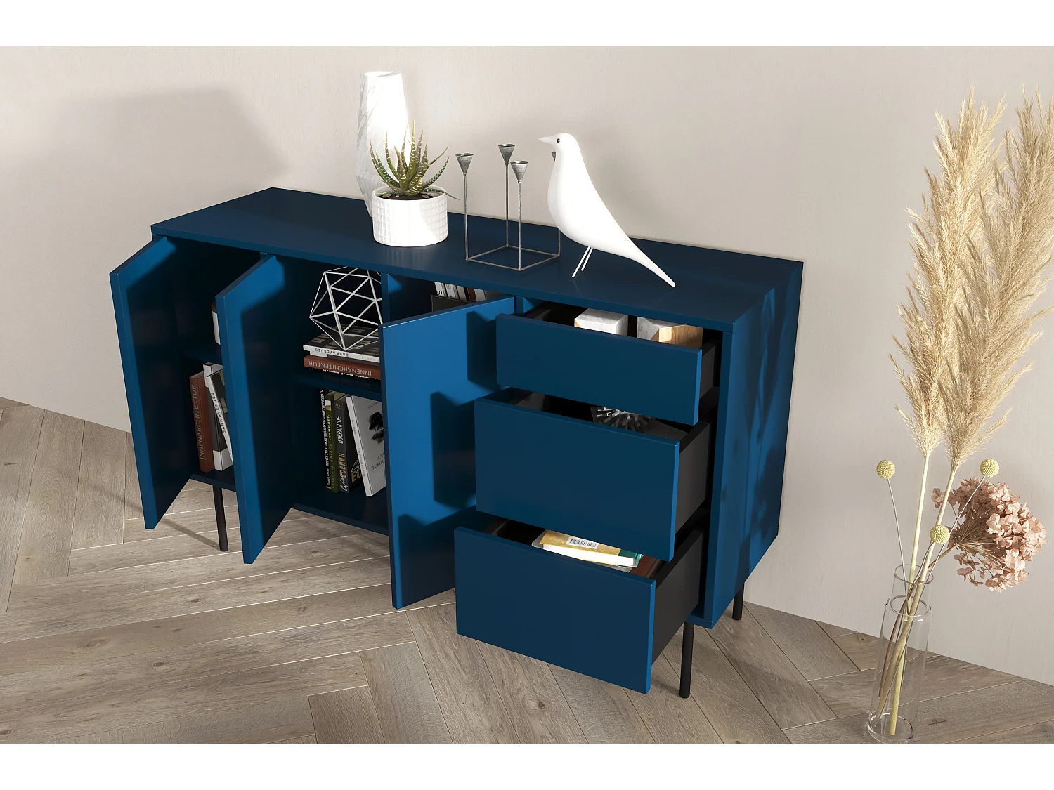 Sideboard Mirka, marinblau, push to open system, minimalistisch