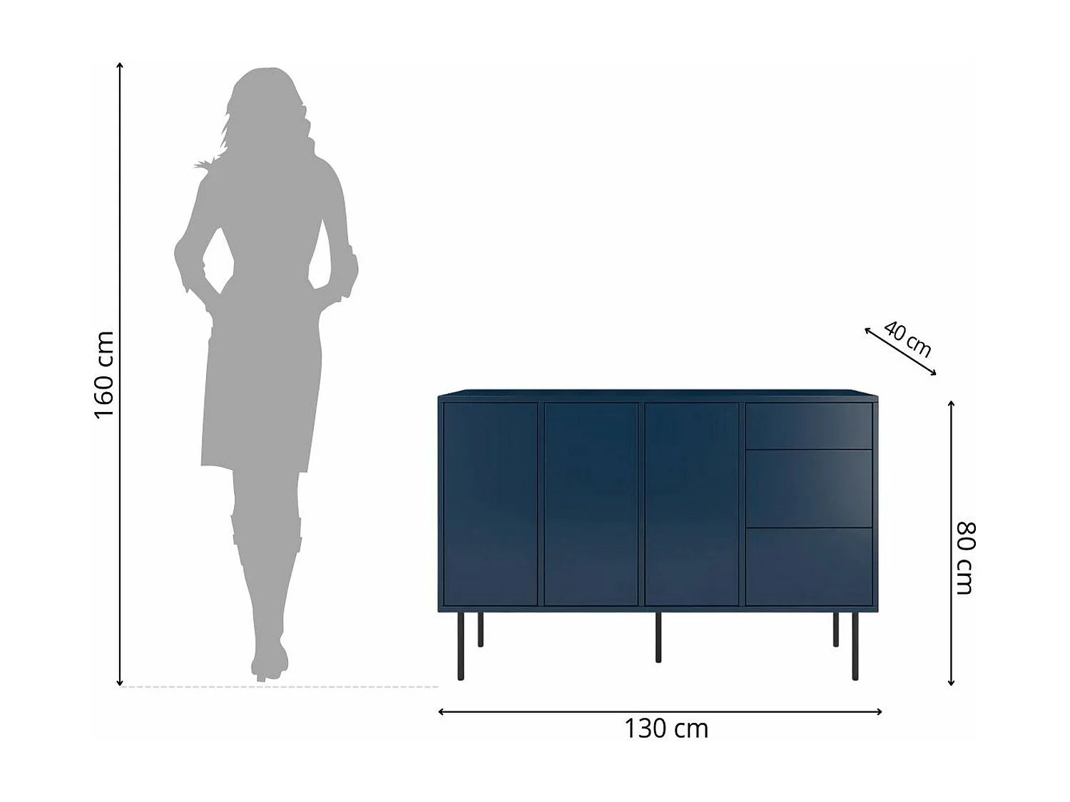 Sideboard Mirka, marinblau, push to open system, minimalistisch