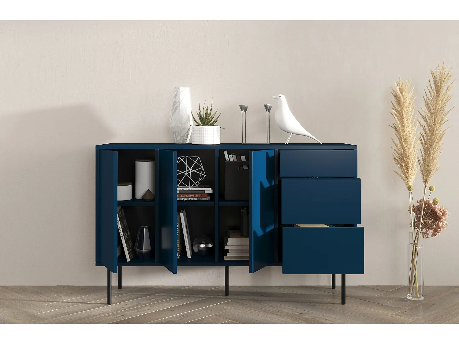 Sideboard Mirka, marinblau, push to open system, minimalistisch