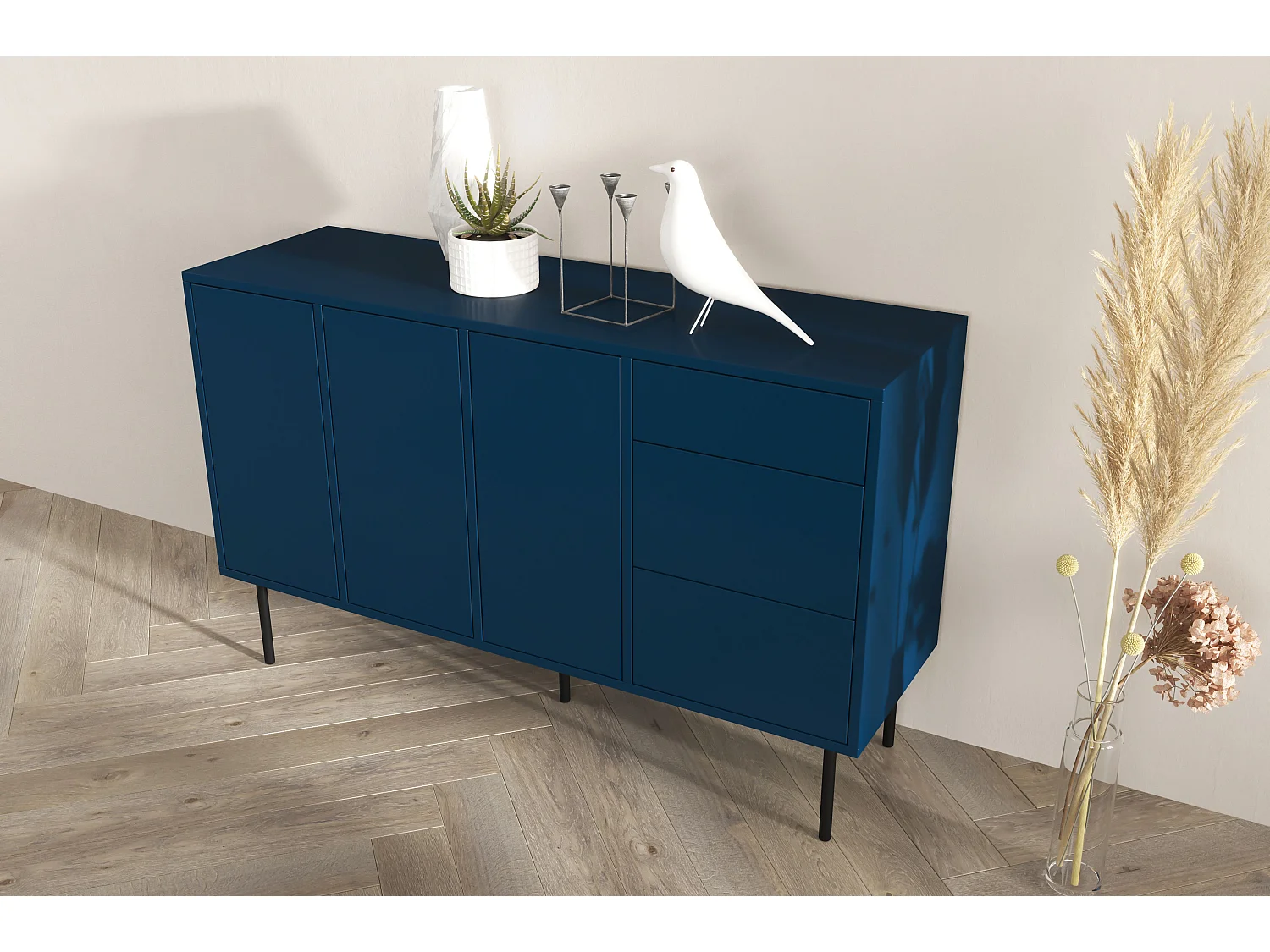 Sideboard Mirka, marinblau, push to open system, minimalistisch