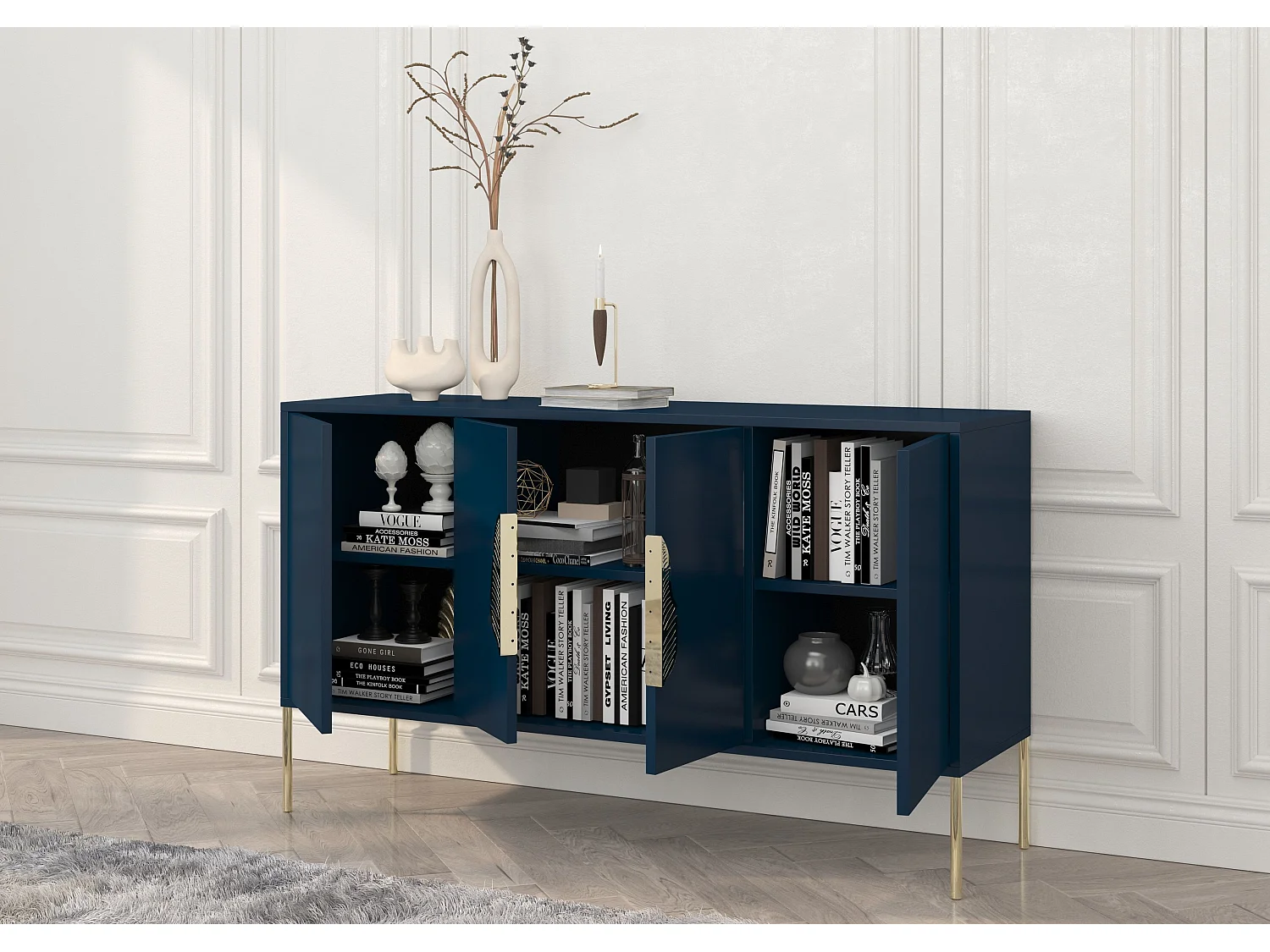 Sideboard Merlin, marinblau, goldene details