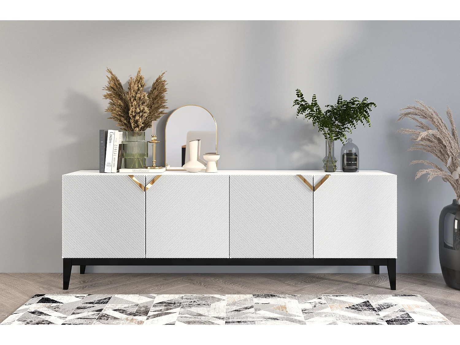 Buffet en bois DEMI LONG / blanche + pieds noirs / 201,5 cm