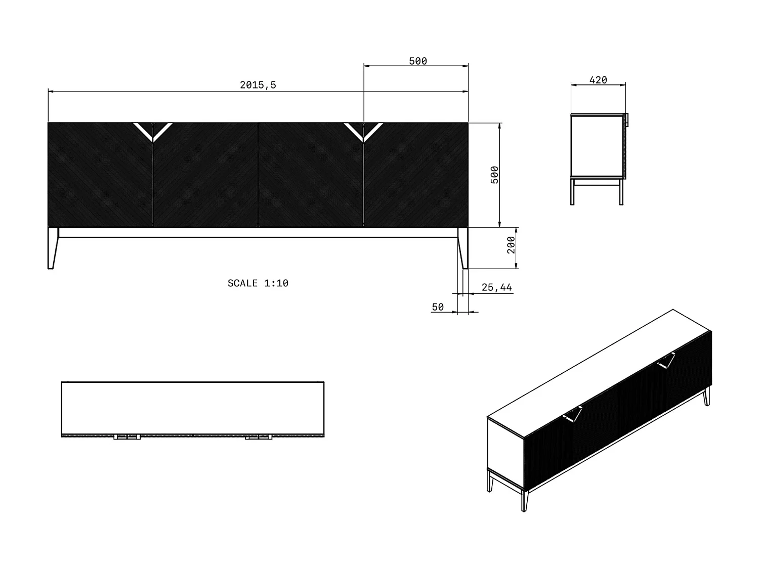 Buffet en bois DEMI LONG / blanche + pieds noirs / 201,5 cm