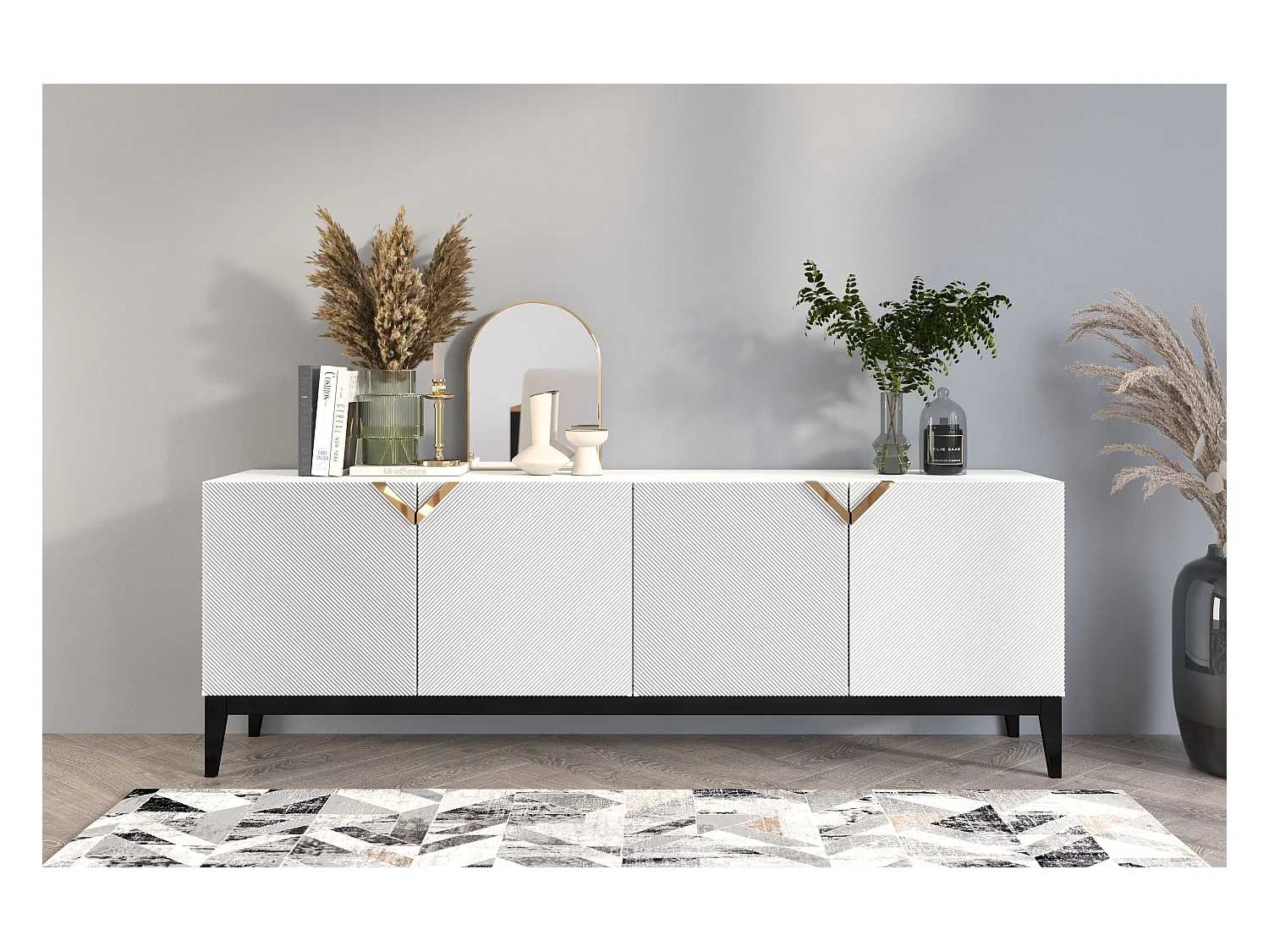 Sideboard Demi long, weiß-schwarz-gold, mit gefrästen fronten, massive buche