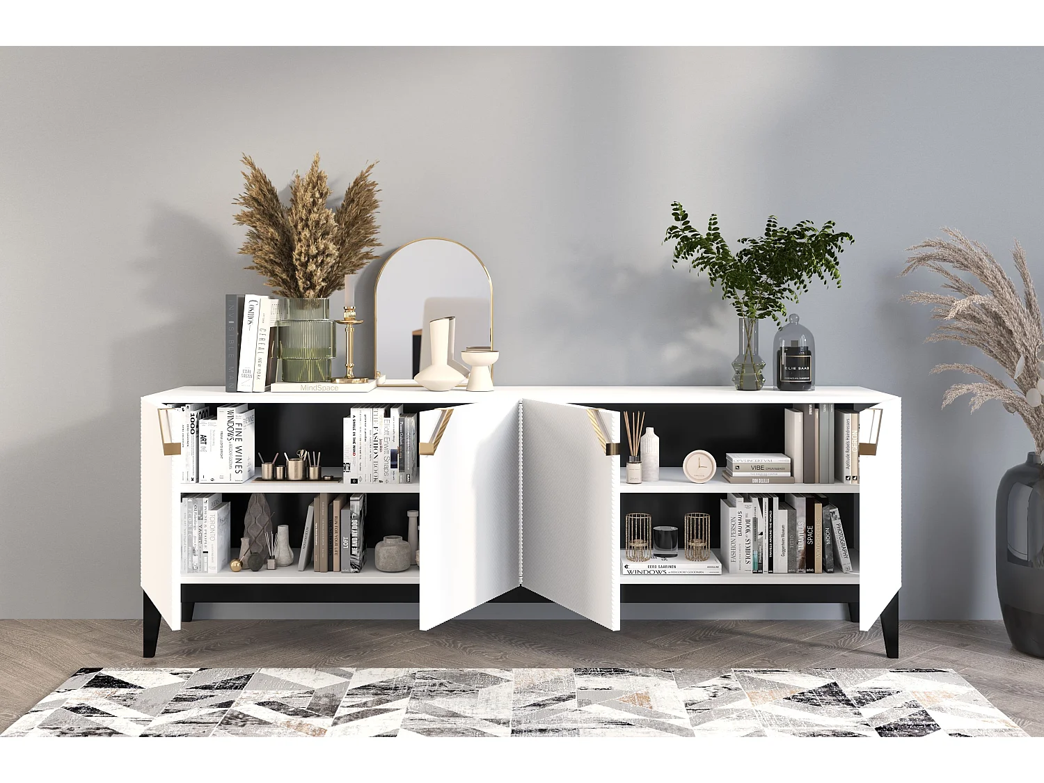 Sideboard Demi long, weiß-schwarz-gold, mit gefrästen fronten, massive buche