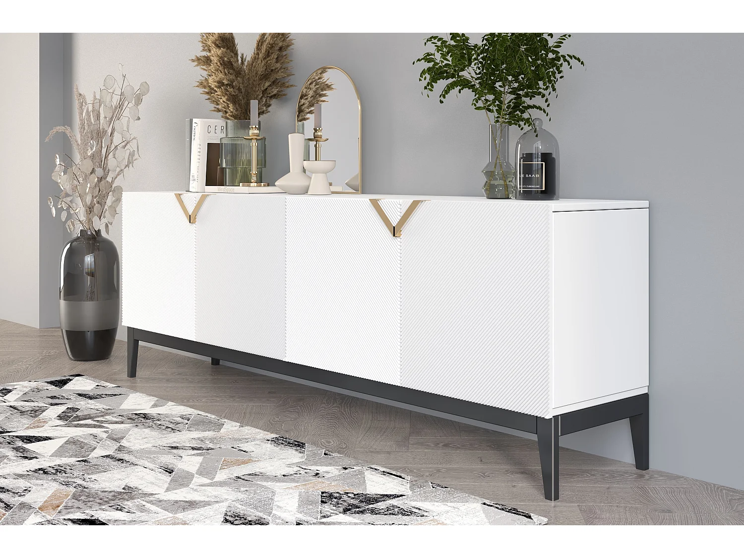 Sideboard Demi long, weiß-schwarz-gold, mit gefrästen fronten, massive buche