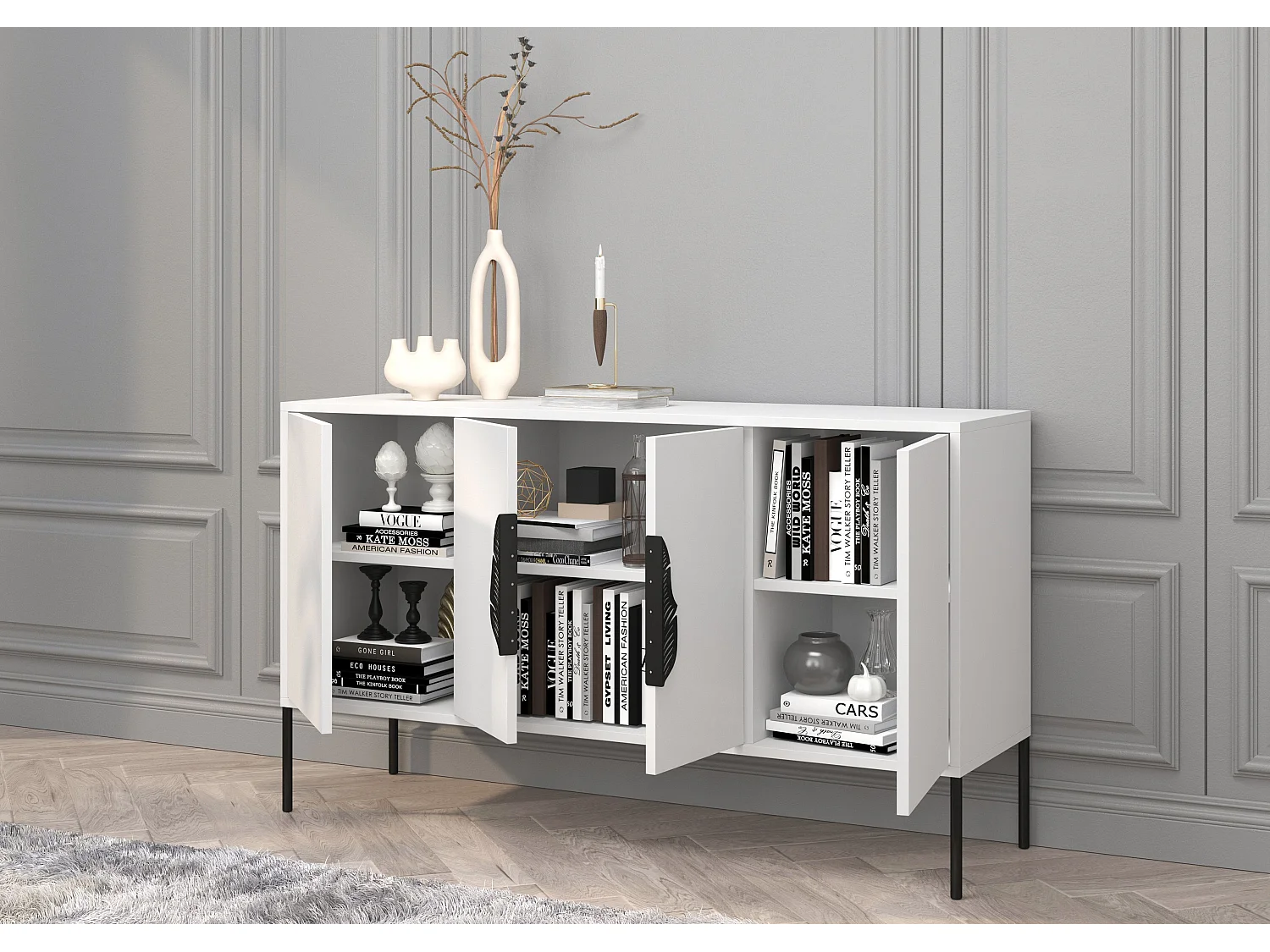 Sideboard Merlin, weiß, schwarze details