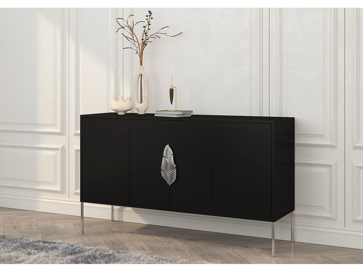 Sideboard Merlin, schwarz, silberne details