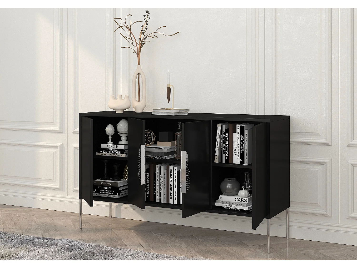 Sideboard Merlin, schwarz, silberne details