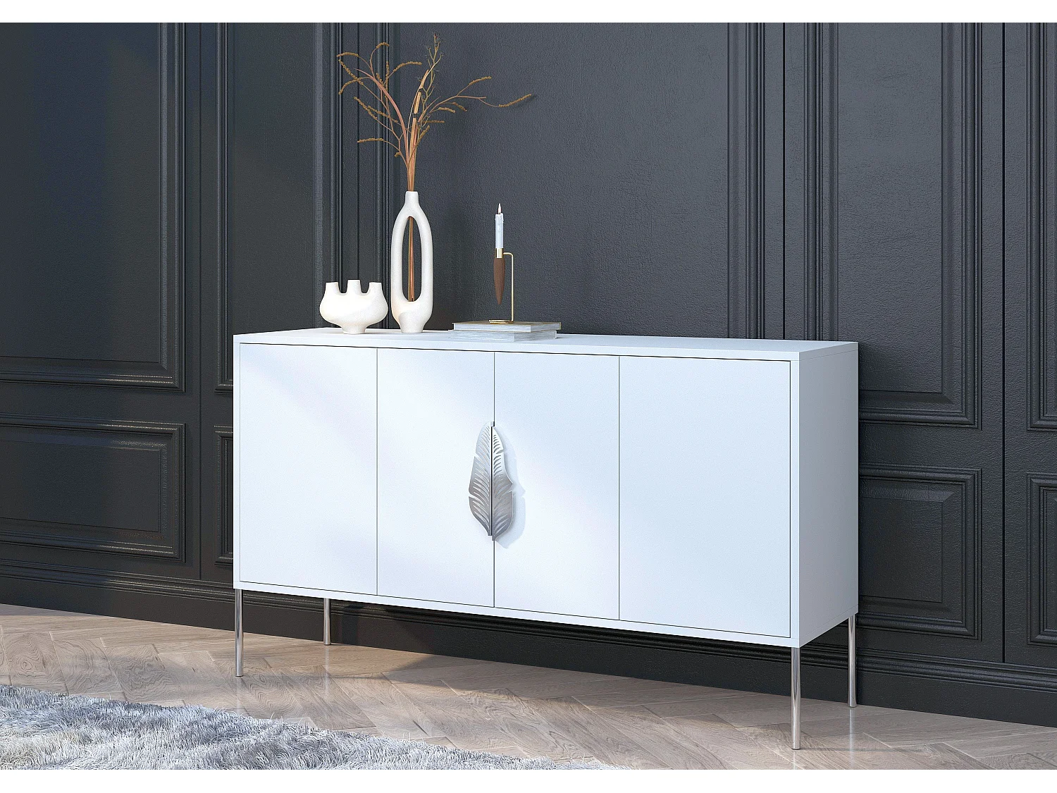 Sideboard Merlin, weiß, silberne details