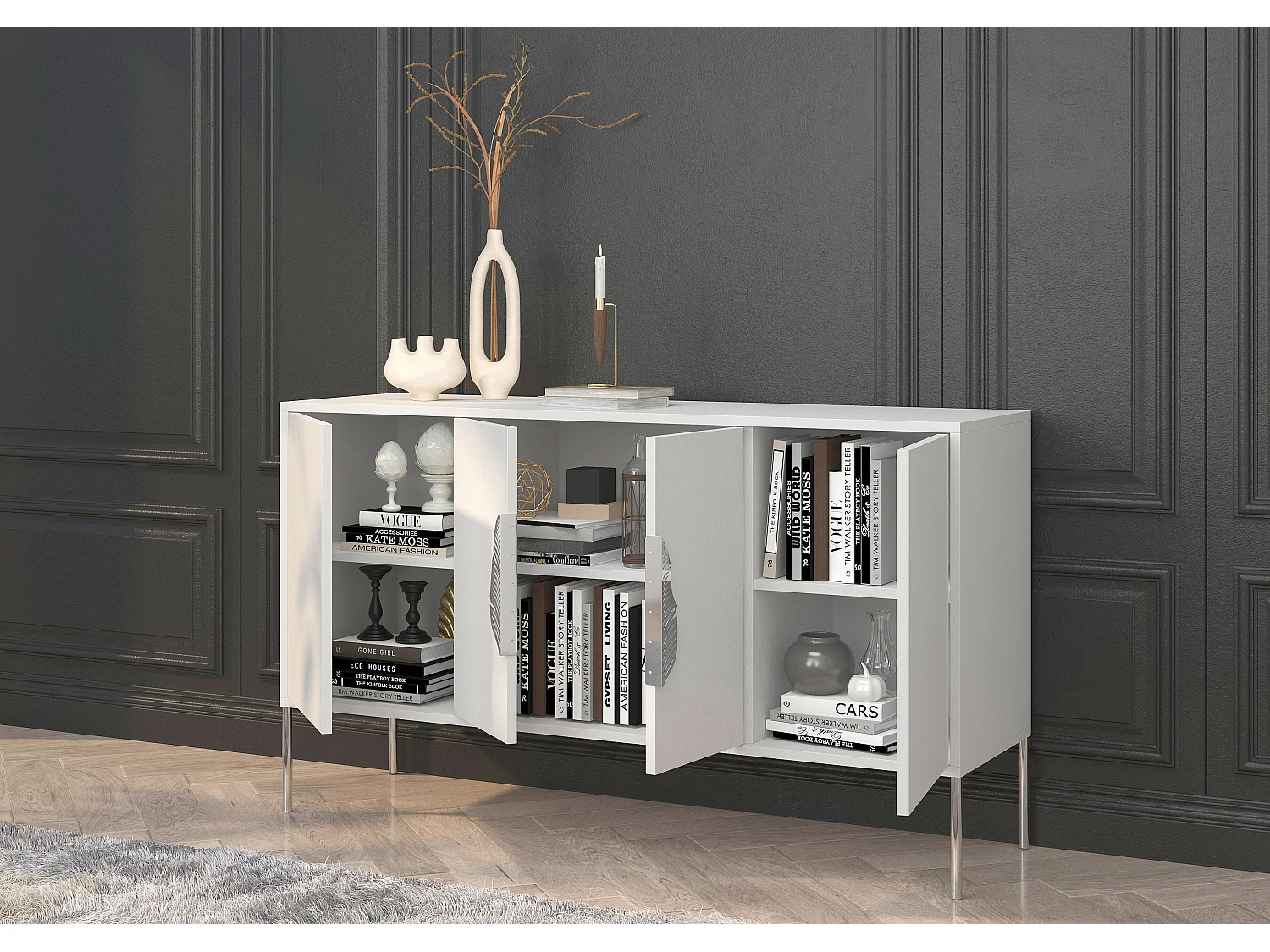 Sideboard Merlin, weiß, silberne details