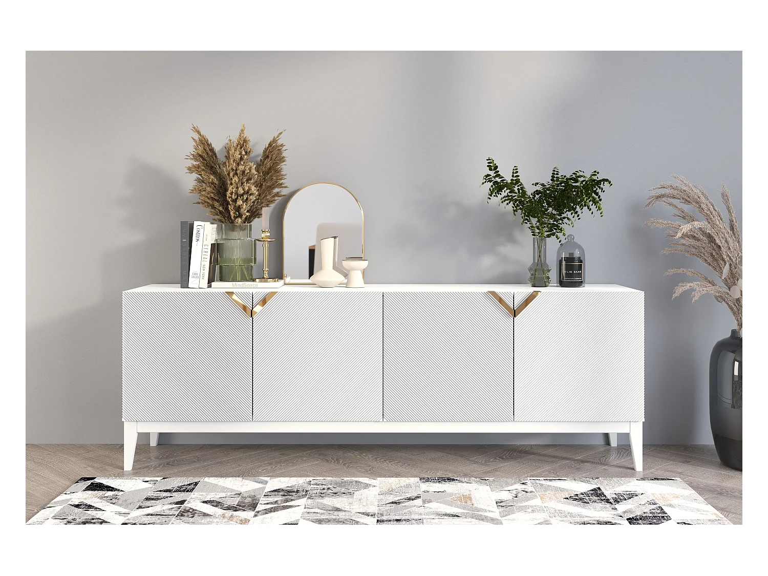 Sideboard Demi long, weiß-gold, mit gefrästen fronten, massive buche