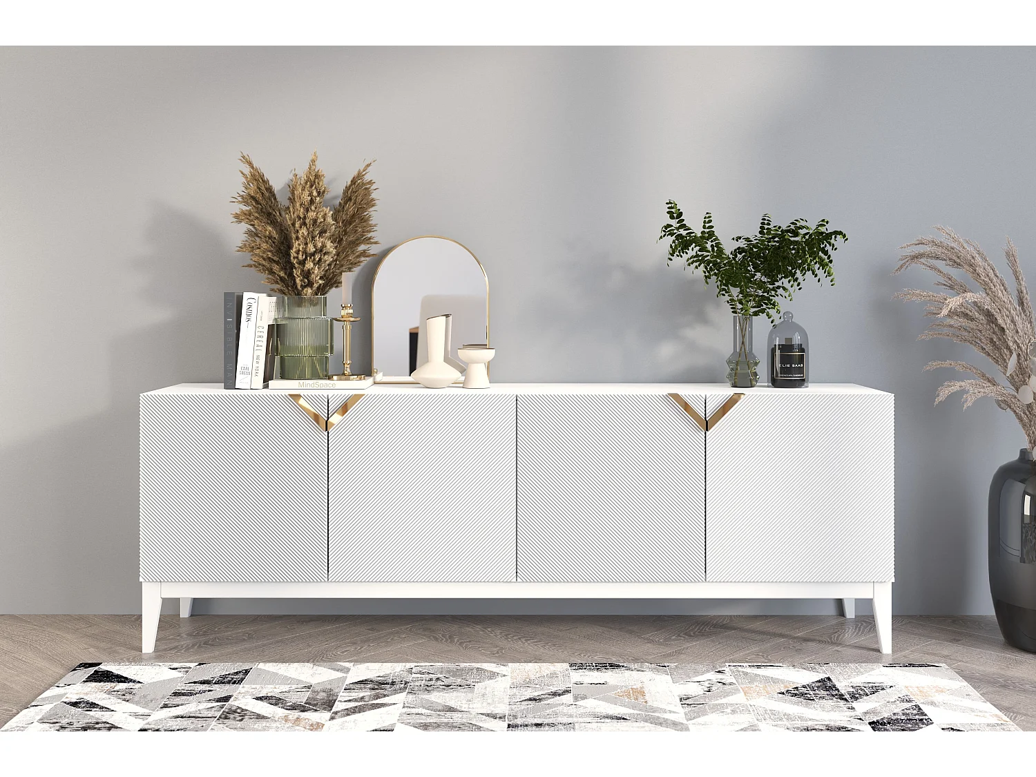 Sideboard Demi long, weiß-gold, mit gefrästen fronten, massive buche