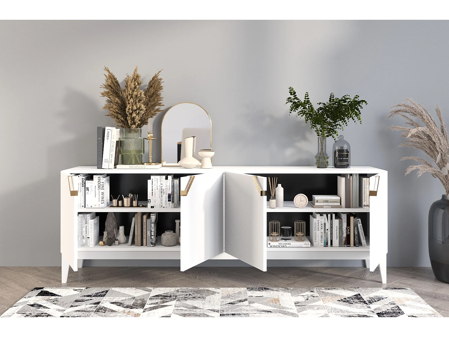 Sideboard Demi long, weiß-gold, mit gefrästen fronten, massive buche