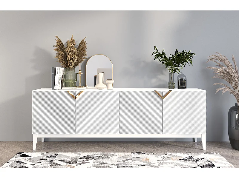 Sideboard Demi long, weiß-gold, mit gefrästen fronten, massive buche
