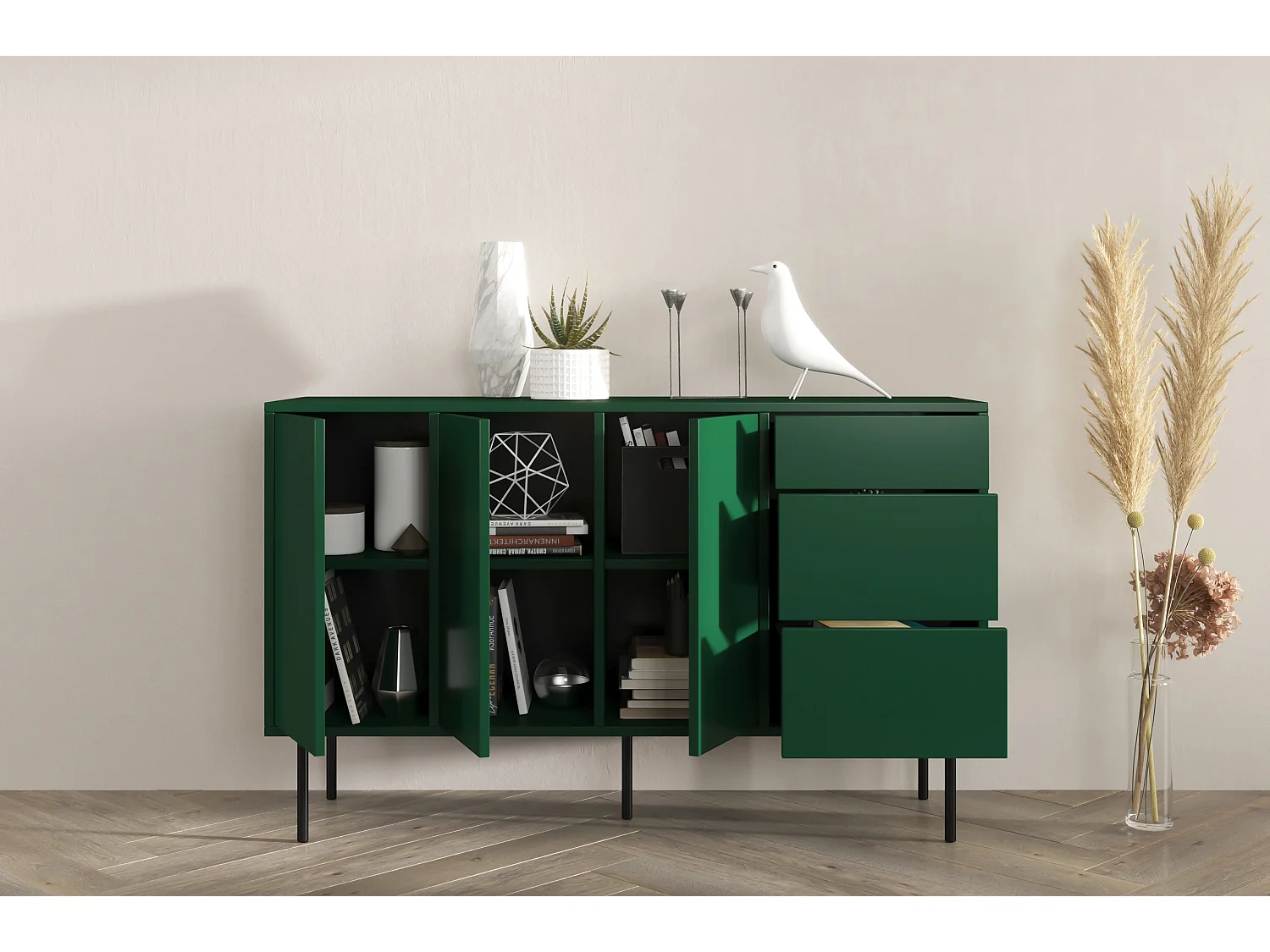 Sideboard Mirka, grün, push to open system, minimalistisch