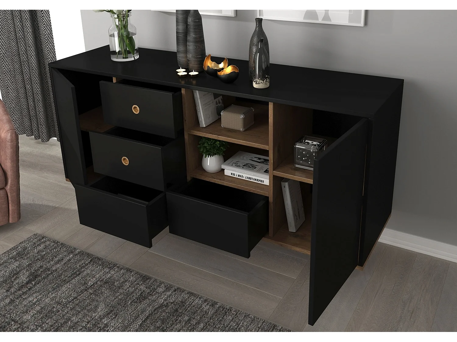 Sideboard Harmoni, schwarz, eiche, goldene details