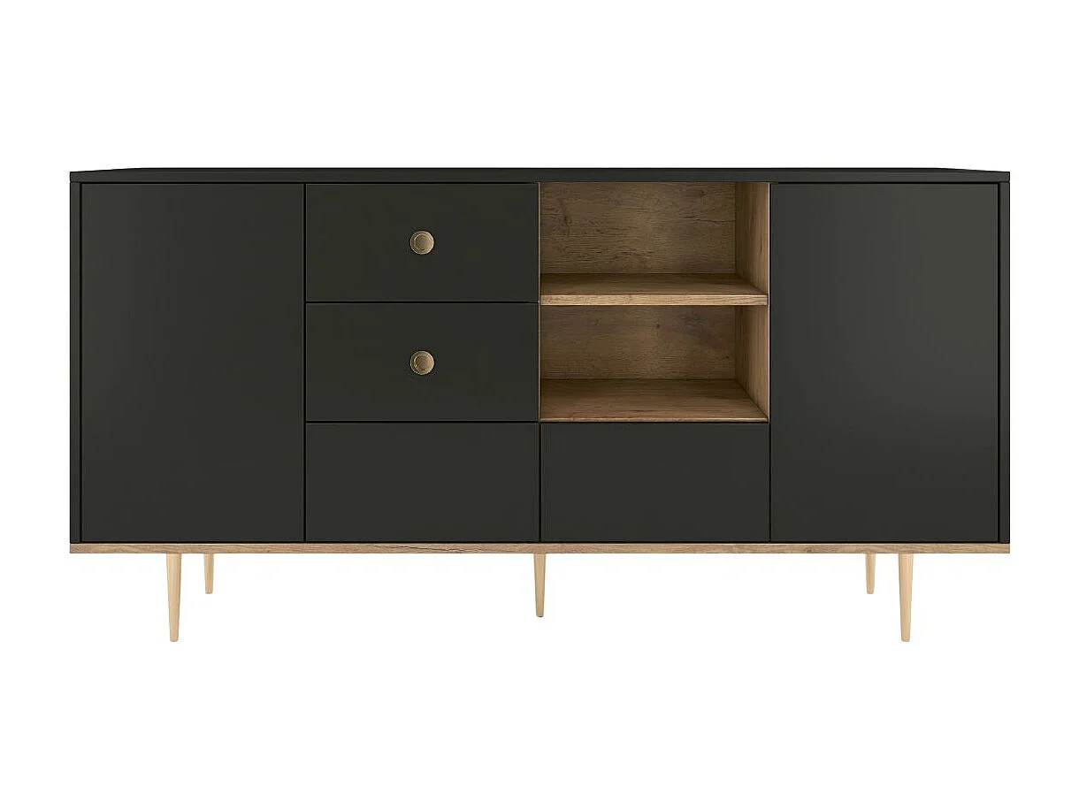 Sideboard Harmoni, schwarz, eiche, goldene details