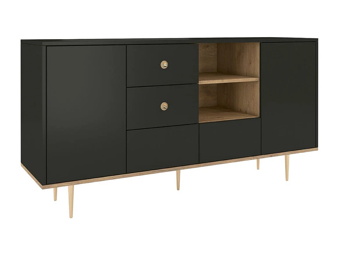 Sideboard Harmoni, schwarz, eiche, goldene details