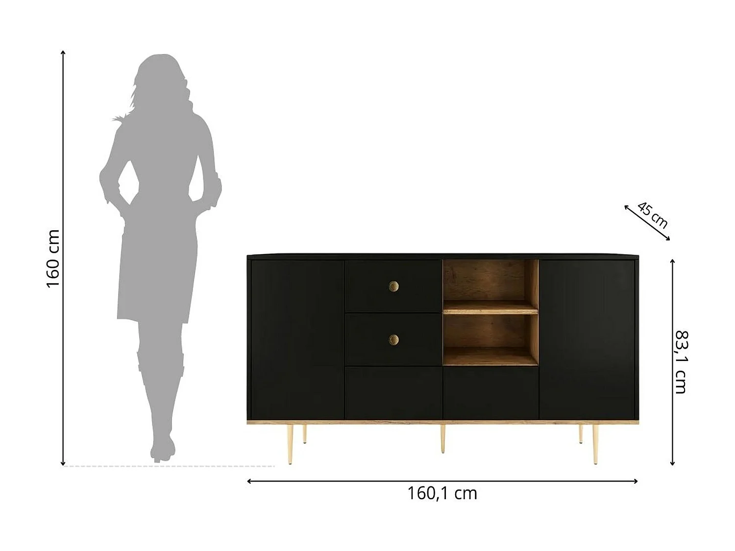 Sideboard Harmoni, schwarz, eiche, goldene details