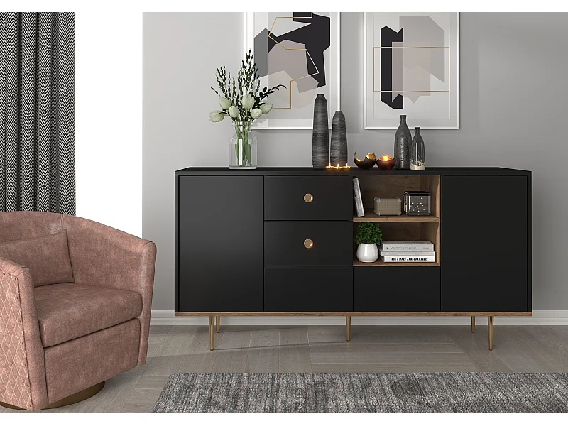 Sideboard Harmoni, schwarz, eiche, goldene details