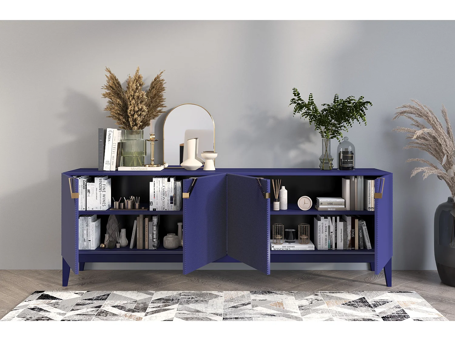 Sideboard Demi long, marinblau-gold, mit gefrästen fronten, massive buche