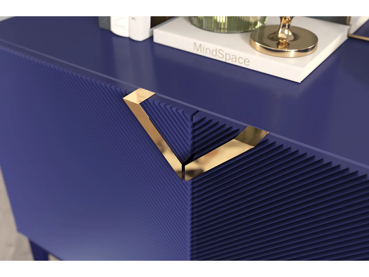Sideboard Demi long, marinblau-gold, mit gefrästen fronten, massive buche