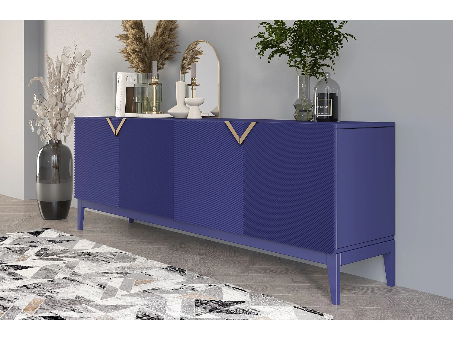 Sideboard Demi long, marinblau-gold, mit gefrästen fronten, massive buche