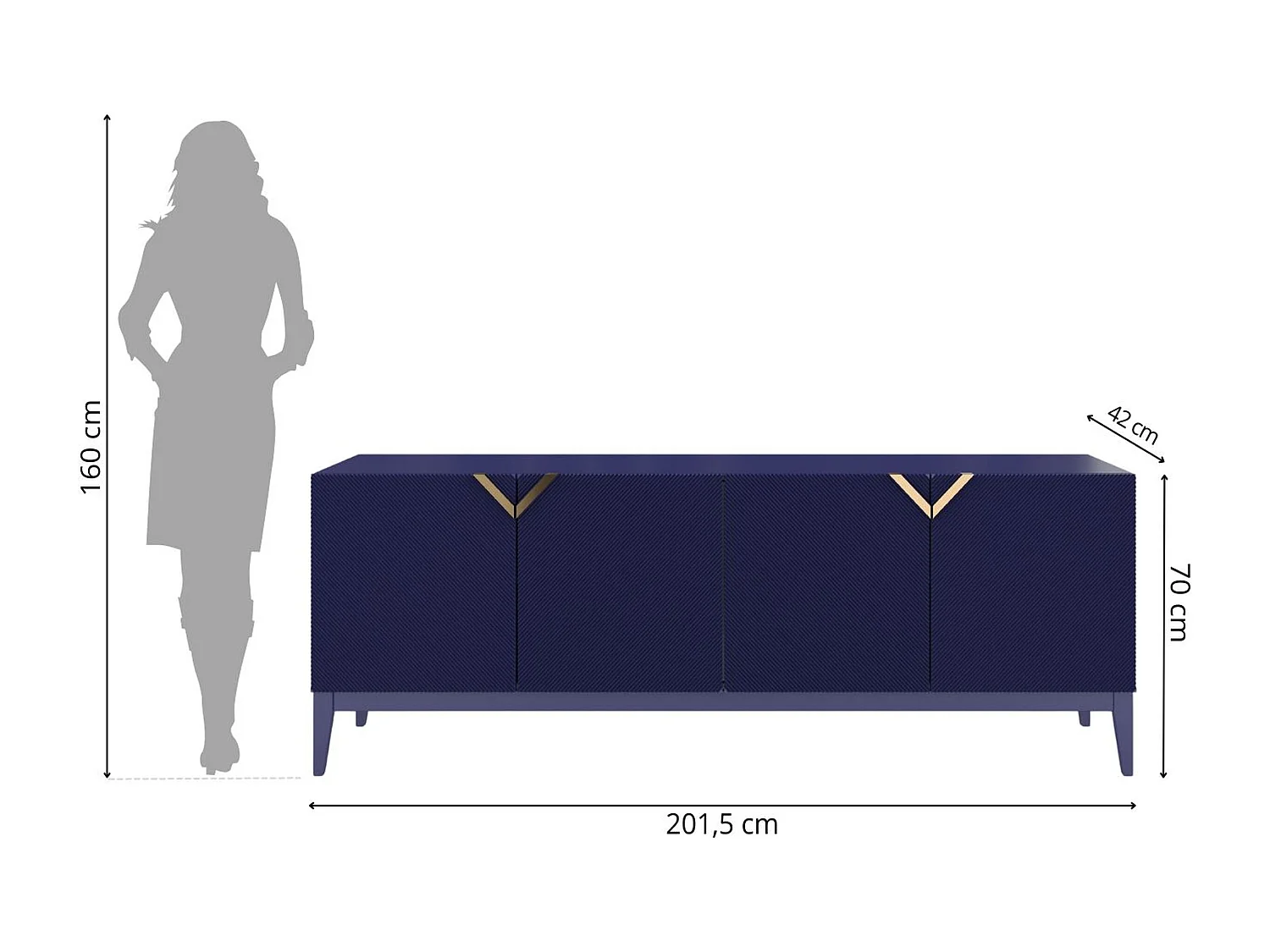 Sideboard Demi long, marinblau-gold, mit gefrästen fronten, massive buche