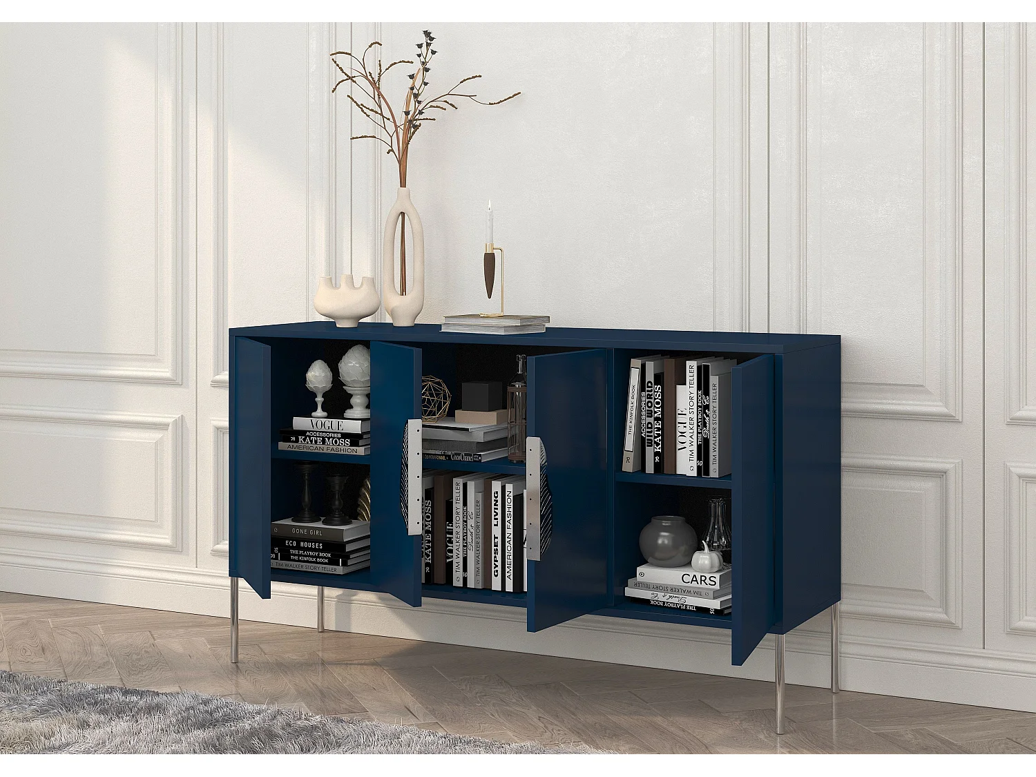 Sideboard Merlin, marinblau, silberne details