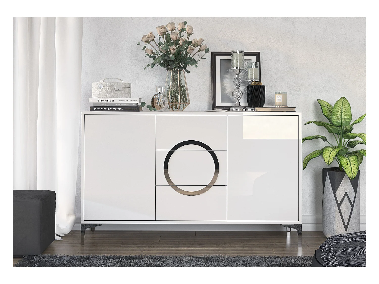 Sideboard Eva, Weiß, Silberne Akzente, Hochglanz